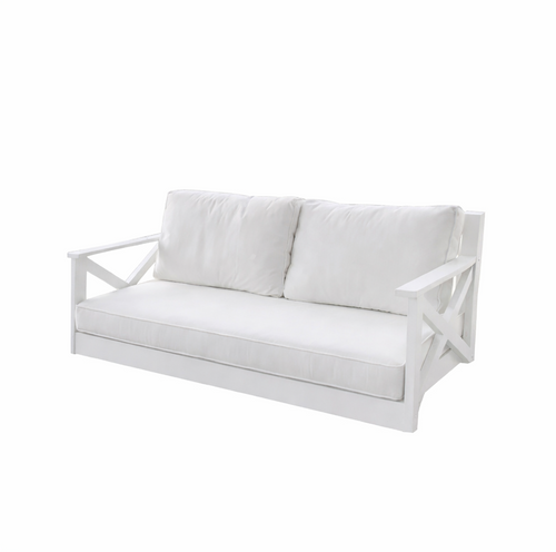 White outdoor swingbed with X-shaped armrests on a white background