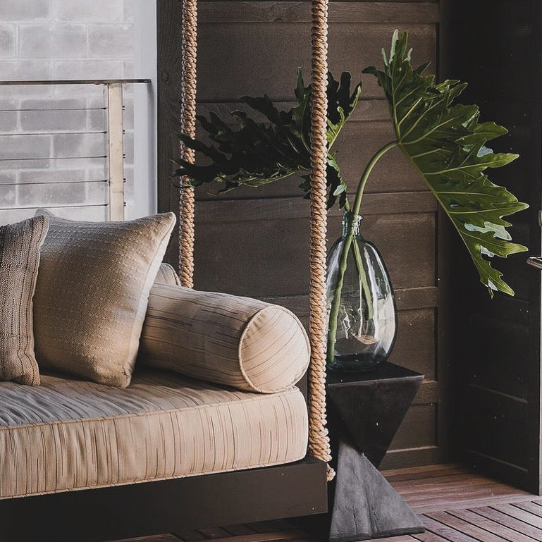 Nate & Lane Modern Swing Bed with Perennials Fabric called Lines in The Sand on Alys Beach Florida