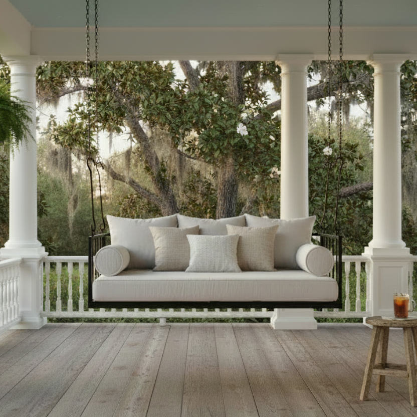 Outdoor porch with a metal swing bed and perennials cushions