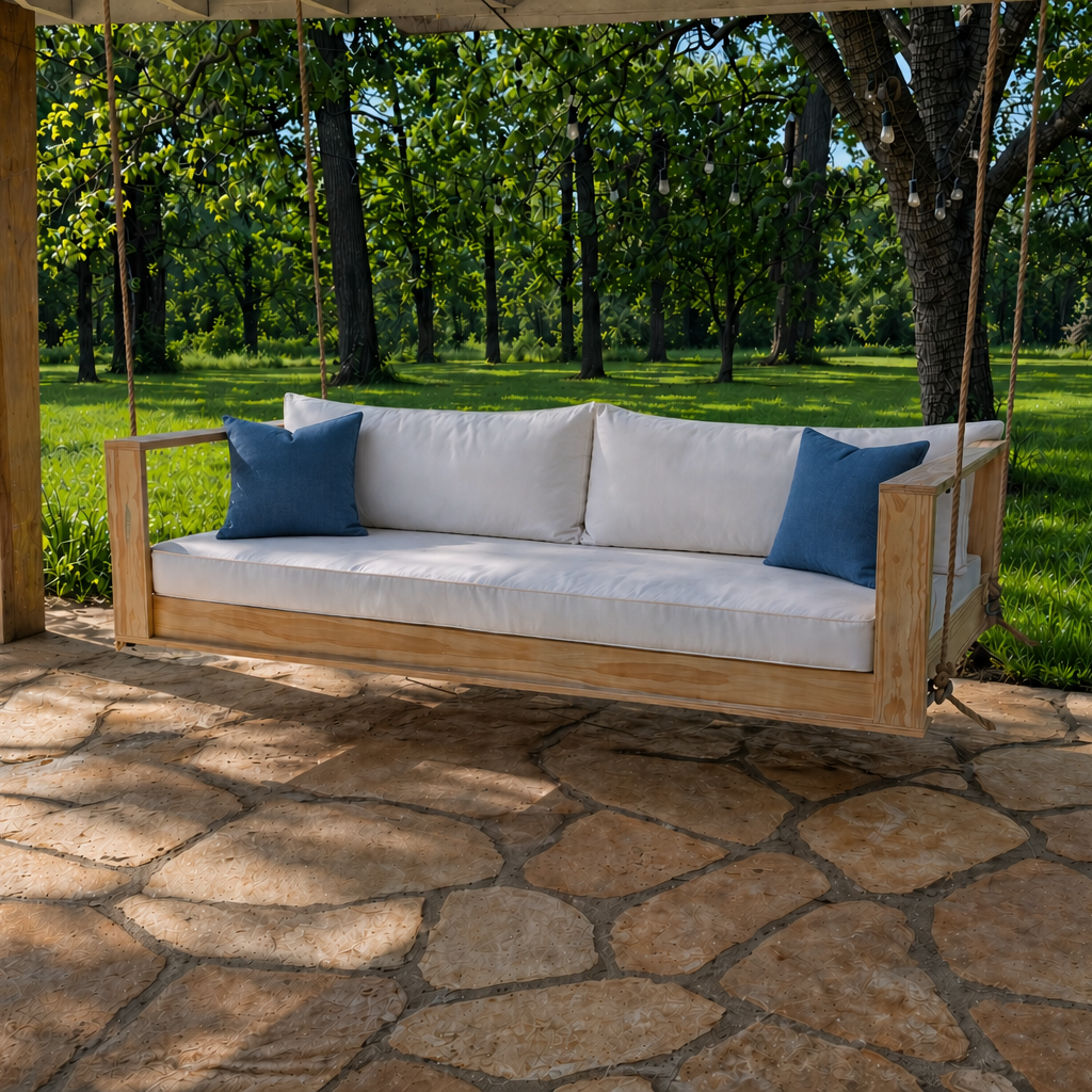 Wooden swing with white cushions and blue pillows on a stone patio with green grass and trees in the background.
