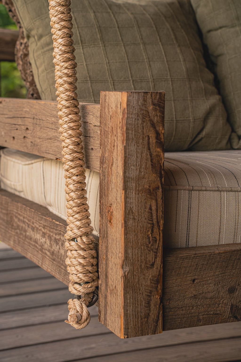 Close-up of Lakosky swing bed front corner showcasing Rope Wrapped Chain and reclaimed hardwood frame detail