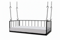 Black metal swing bed with white mattress on a white background