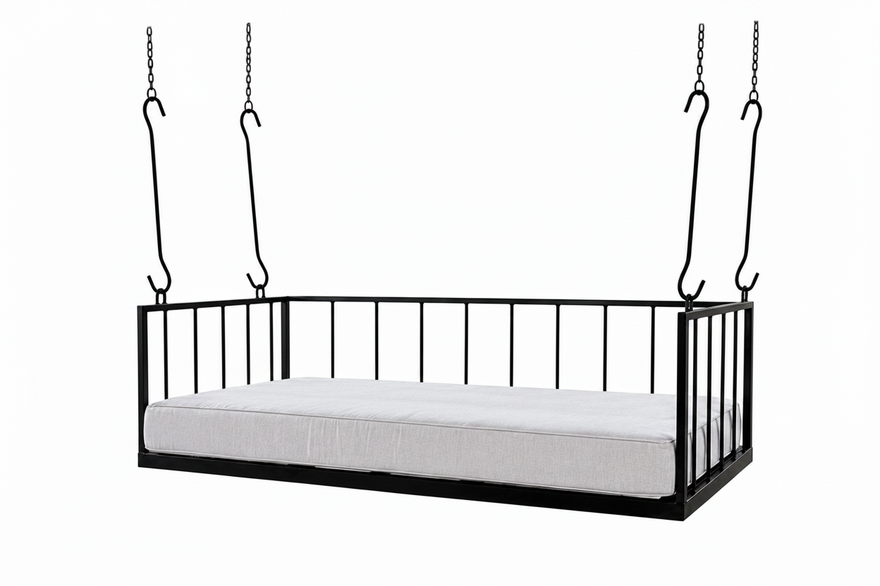 Black metal swing bed with white mattress on a white background
