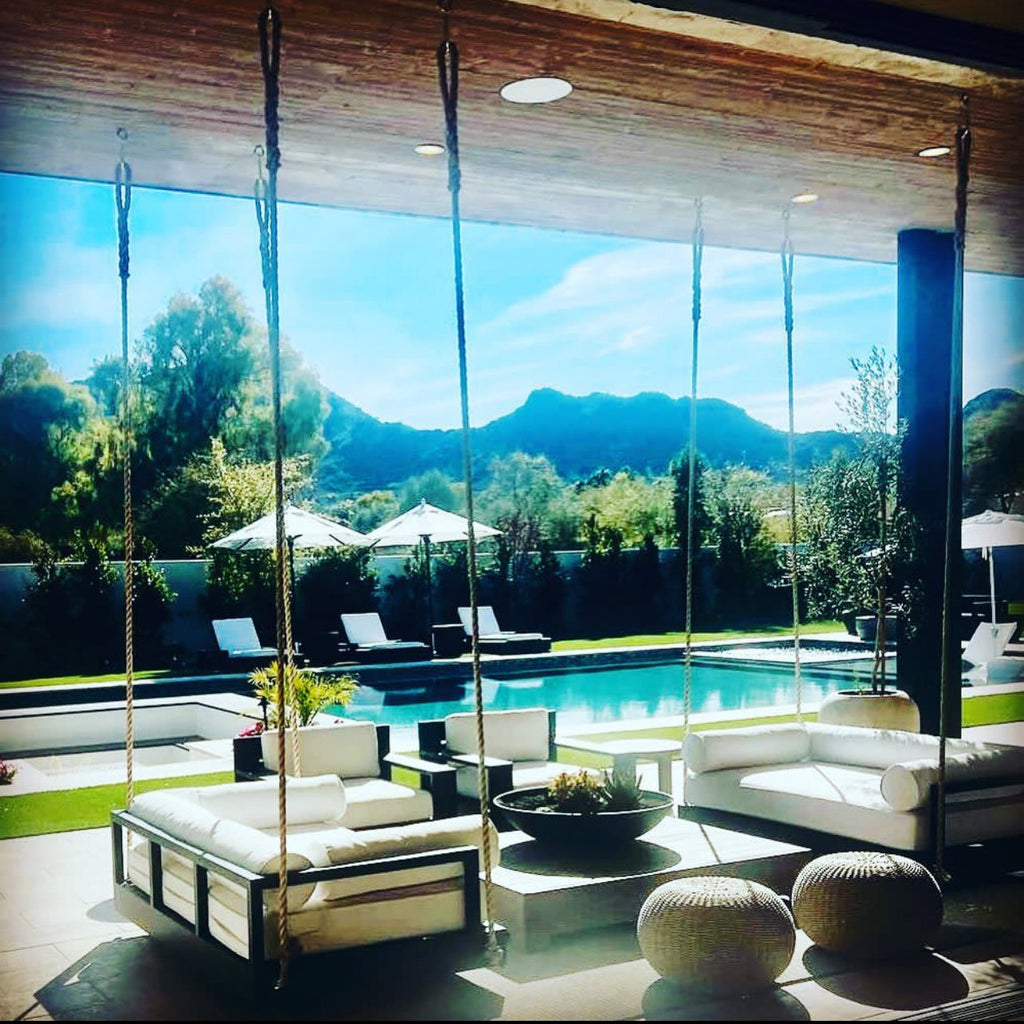 Nate and Lane’s Bre Canyon in Paradise Valley Arizona. Shown with black frame and Sunbrella Canvas Natural Fabric 