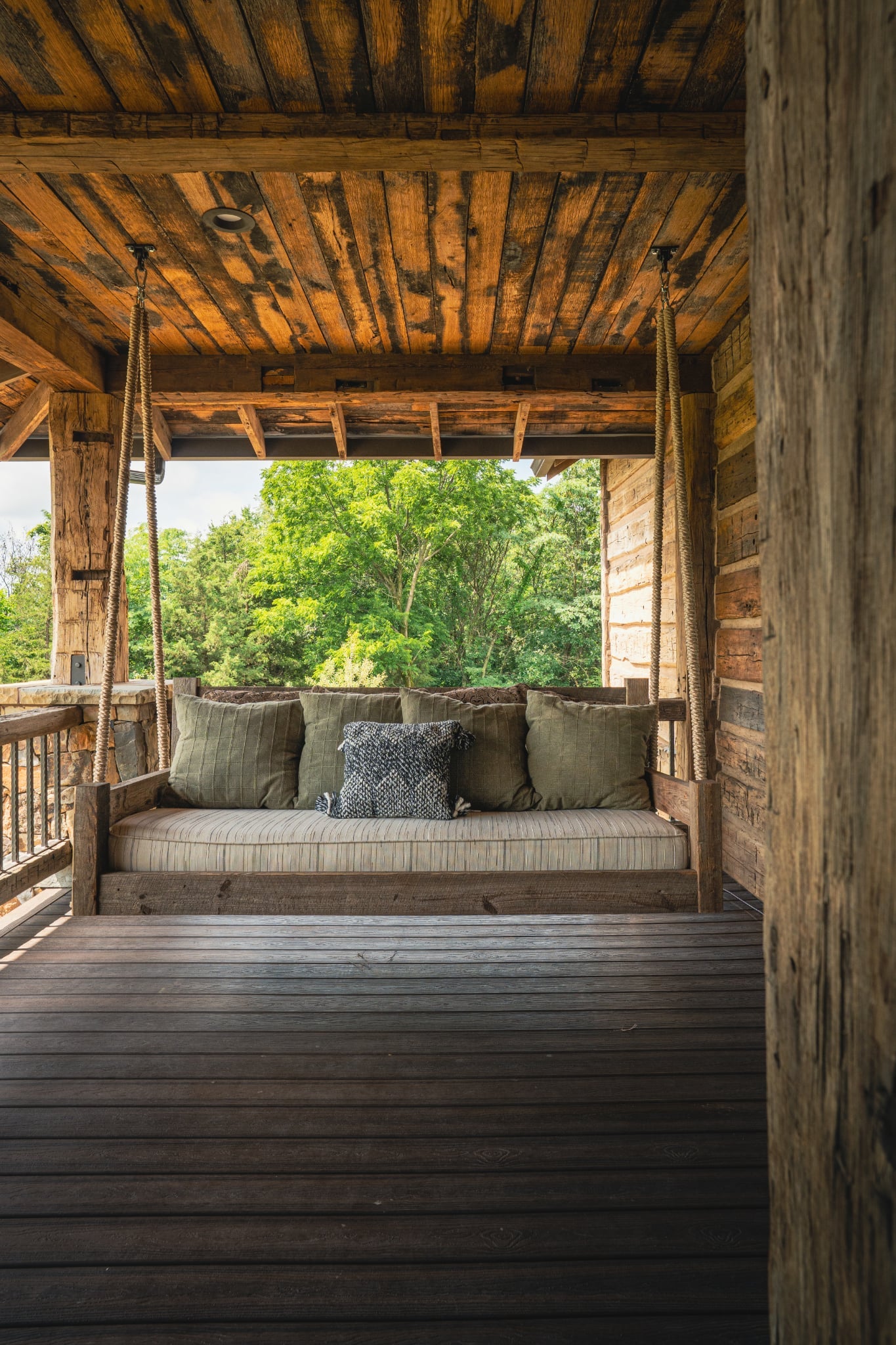 Reclaimed Hardwood Swing with custom Twin outdoor mattress in Perennials Fabric 